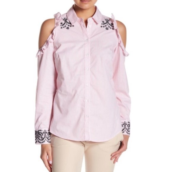 Nanette Lepore Ruffle Cold Shoulder button up shirt szM - Picture 4 of 14